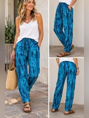 Hawaiian Tropic blue batik dyed Palazzo Beach cover up pants Small